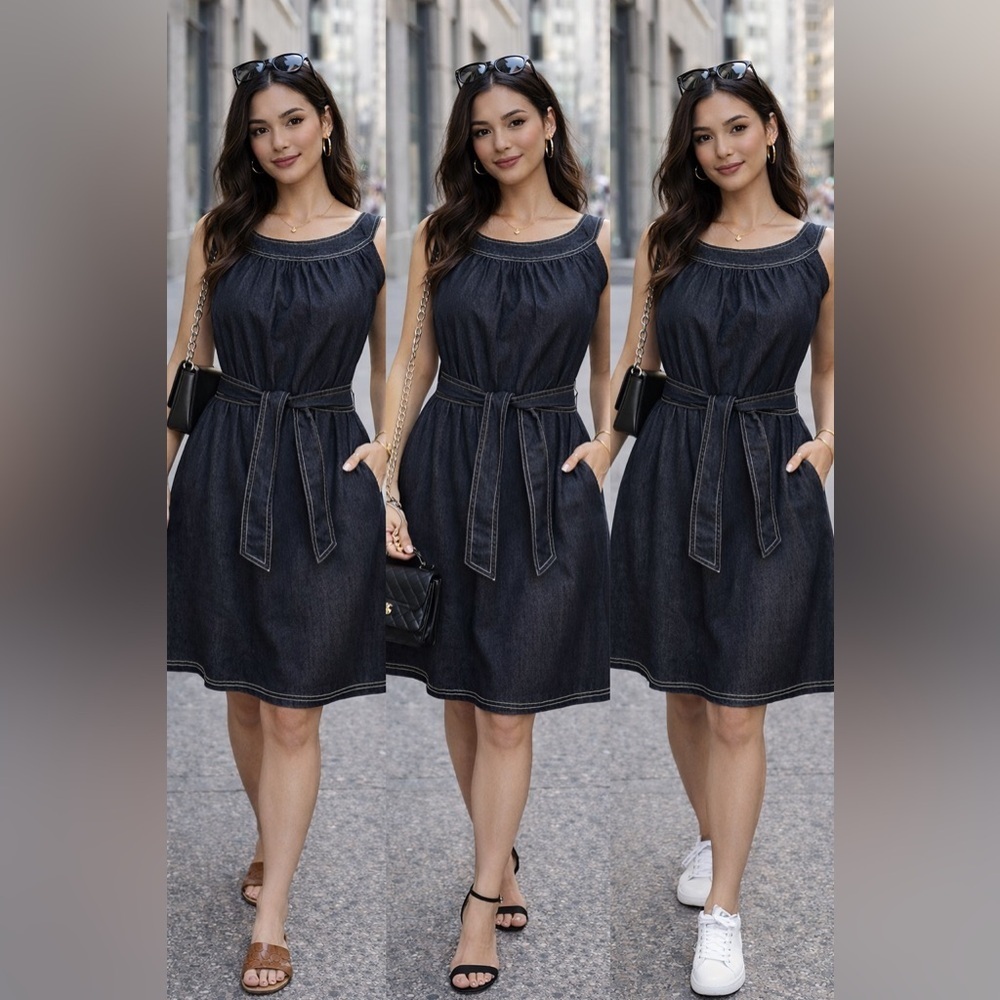 Emma & Michele Dark Denim Belted Midi Sleeveless Dress Casual Summer Size 8